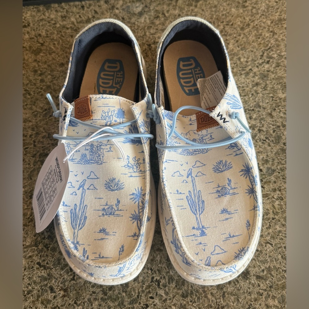 Hey Dude Women’s  Desert Print Canvas Shoes in Light Blue and White